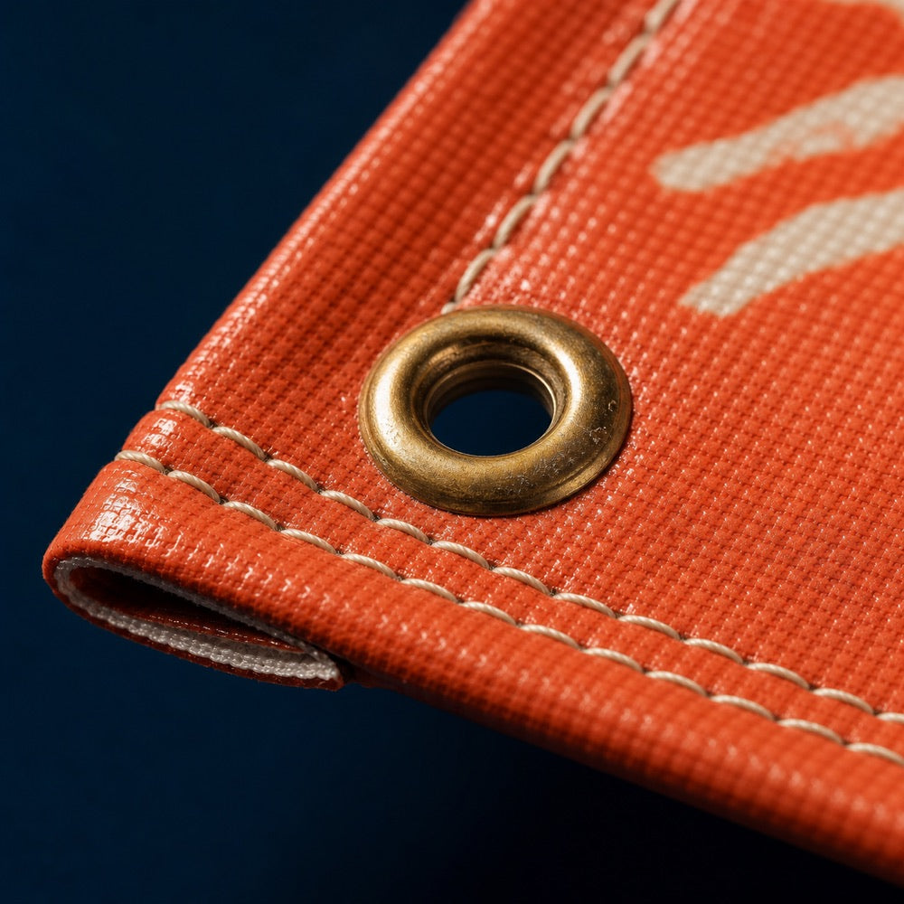 Macro of a coral banner corner: double-stitched hem, scrim vinyl weave, and a brass grommet
