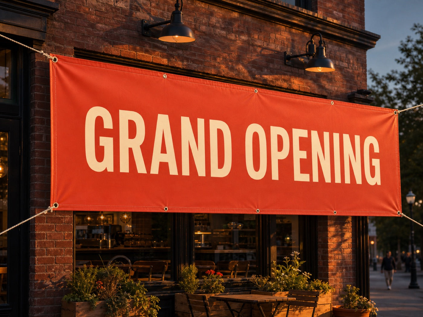 Coral GRAND OPENING vinyl banner with brass grommets roped across a brick café storefront at golden hour