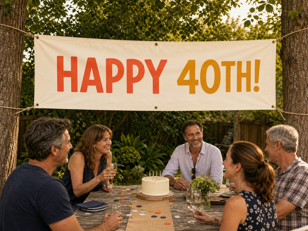 HAPPY 40TH! banner strung between trees above a backyard birthday table