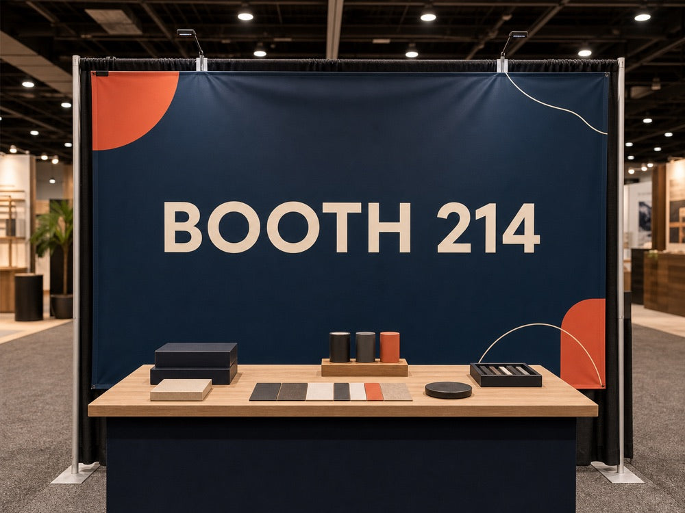 Navy BOOTH 214 back-wall banner behind a product table at a trade show