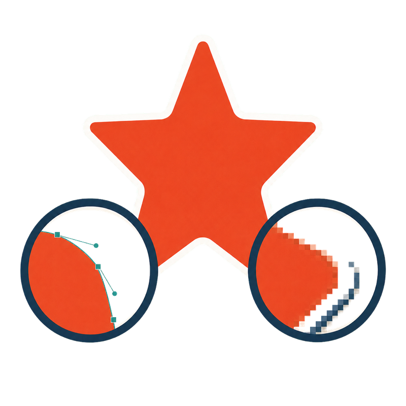 Magnified sticker edge compared: vector stays a smooth curve with editable points, low-resolution raster turns into jagged pixels